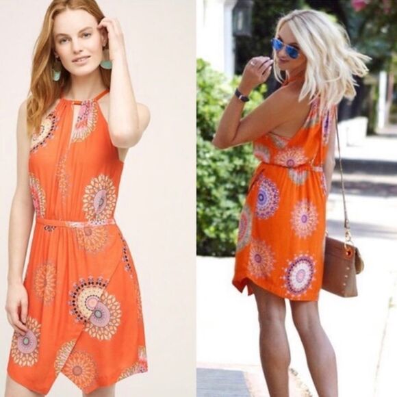 Anthropologie Halter Dress Small 6 orange paisley - Picture 1 of 11